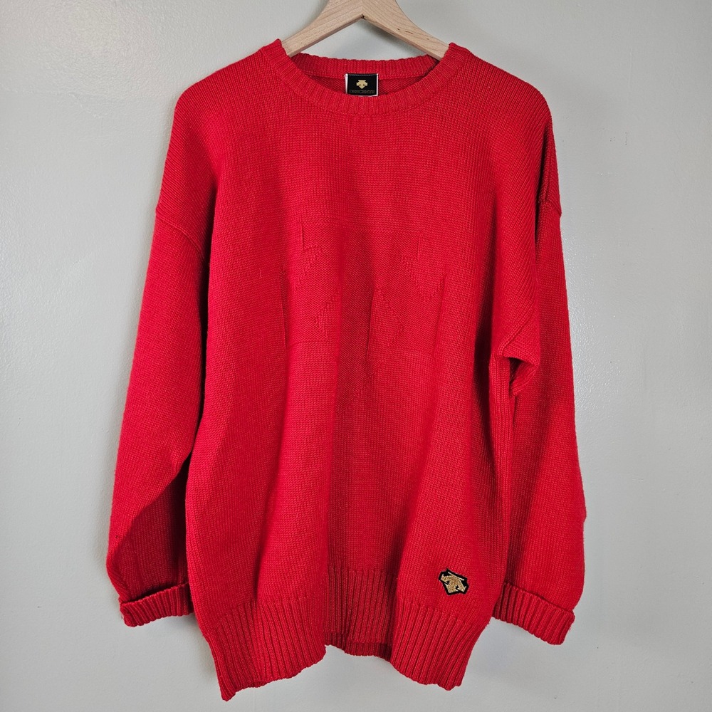 Descente Wool Ski Sweater Sz L Red Logo Pullover Long Sleeve Unisex